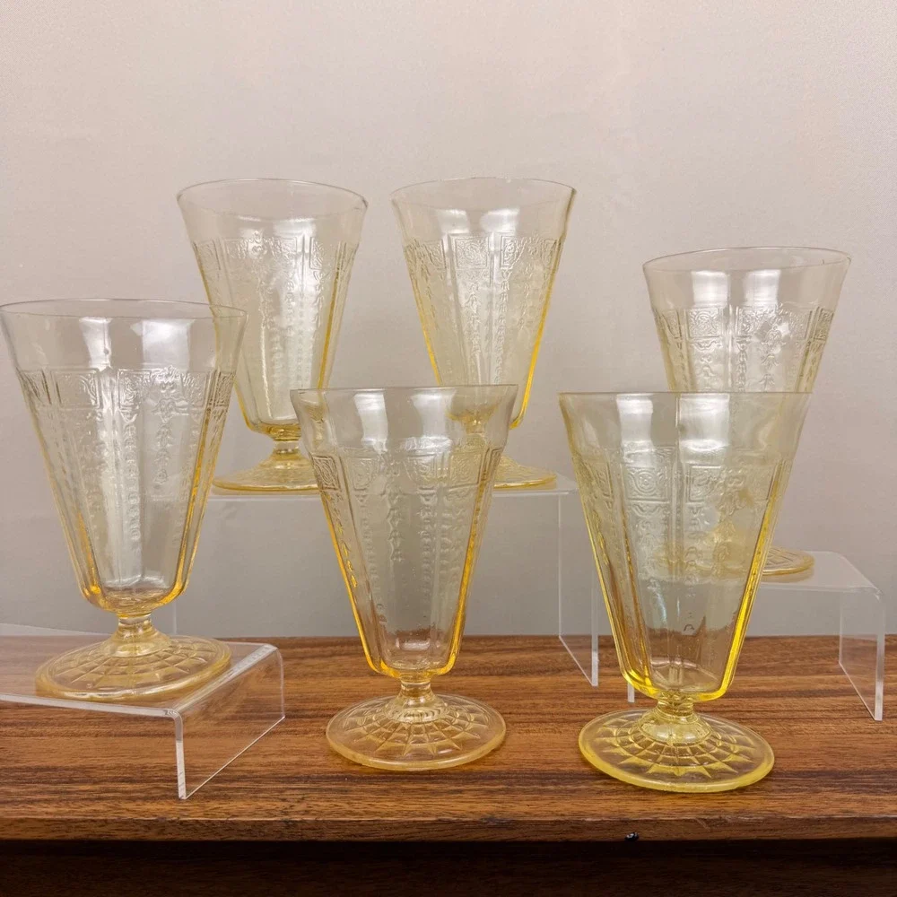 Anchor Hocking Princess Yellow Topaz Uranium Glass Footed Tumblers Set of 6